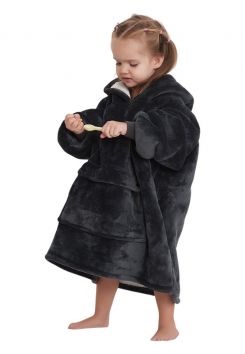 Zwarte fleece deken kind met mouwen - mt.104 t/m 134
