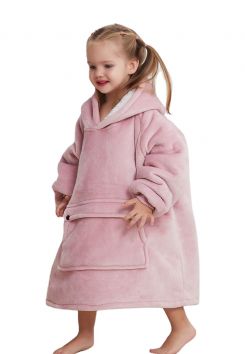 Roze fleece deken kind met mouwen - mt.104 t/m 134