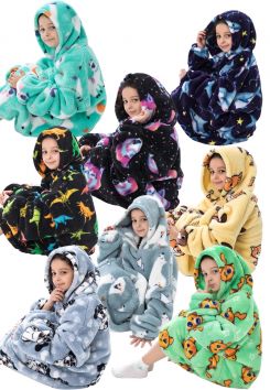 Kinder snuggie fleece met hoodie - dierenprint