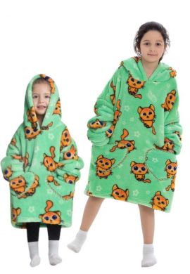 Fleece deken kind met mouwen - katjes groen